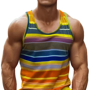 Multi-colour Men's Round Neck Rainbow <b>Stripe</b> Print Casual <b>Tank</b> <b>Top</b> Summer Fashion Simple Sleeveless Vest Breathable Men Clothing - Product Image 3