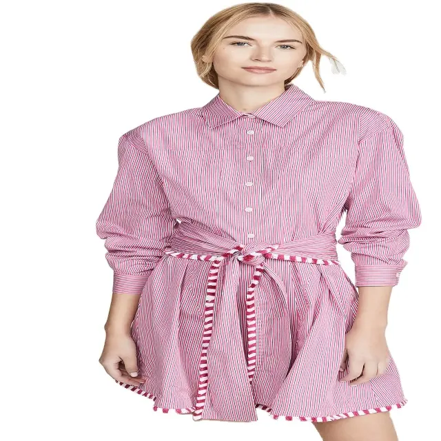 Custom mode lange gestreiften Belted Shirt Dresses Women