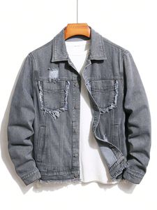 Chaqueta con Capucha de Mezclilla Lavada para Hombre, Mangas en Contraste, Botones Frontales, Bolsillos, Estilo Casual Urbano para Otoño - Product Image 5