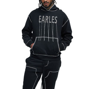 Sweat à capuche surdimensionné en molleton de haute qualité avec broderie personnalisée et glands décoratifs, noir, poche kangourou vintage, sweat à capuche pour homme - Product Image 1