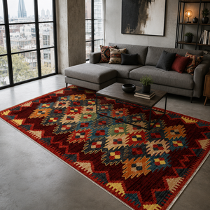 <b>Rug</b> Weavers RW7066 Kilim Burgundy <b>Tribal</b> Washable <b>Rug</b> Dropshipping Wholesale Washable Chenille 10 Sizes - Product Image 3