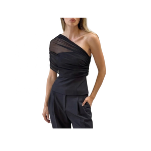 Top de un solo hombro personalizado para mujer, de tela de malla ITY premium, con diseño asimétrico fruncido sexy, para fiesta - Product Image 3