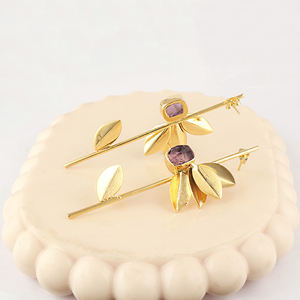 Pendientes Largos de Diseño con Hoja de Amatista Natural sin Cortar, con Varilla de Latón, Chapados en Oro de 18k, para Mujer - Product Image 3