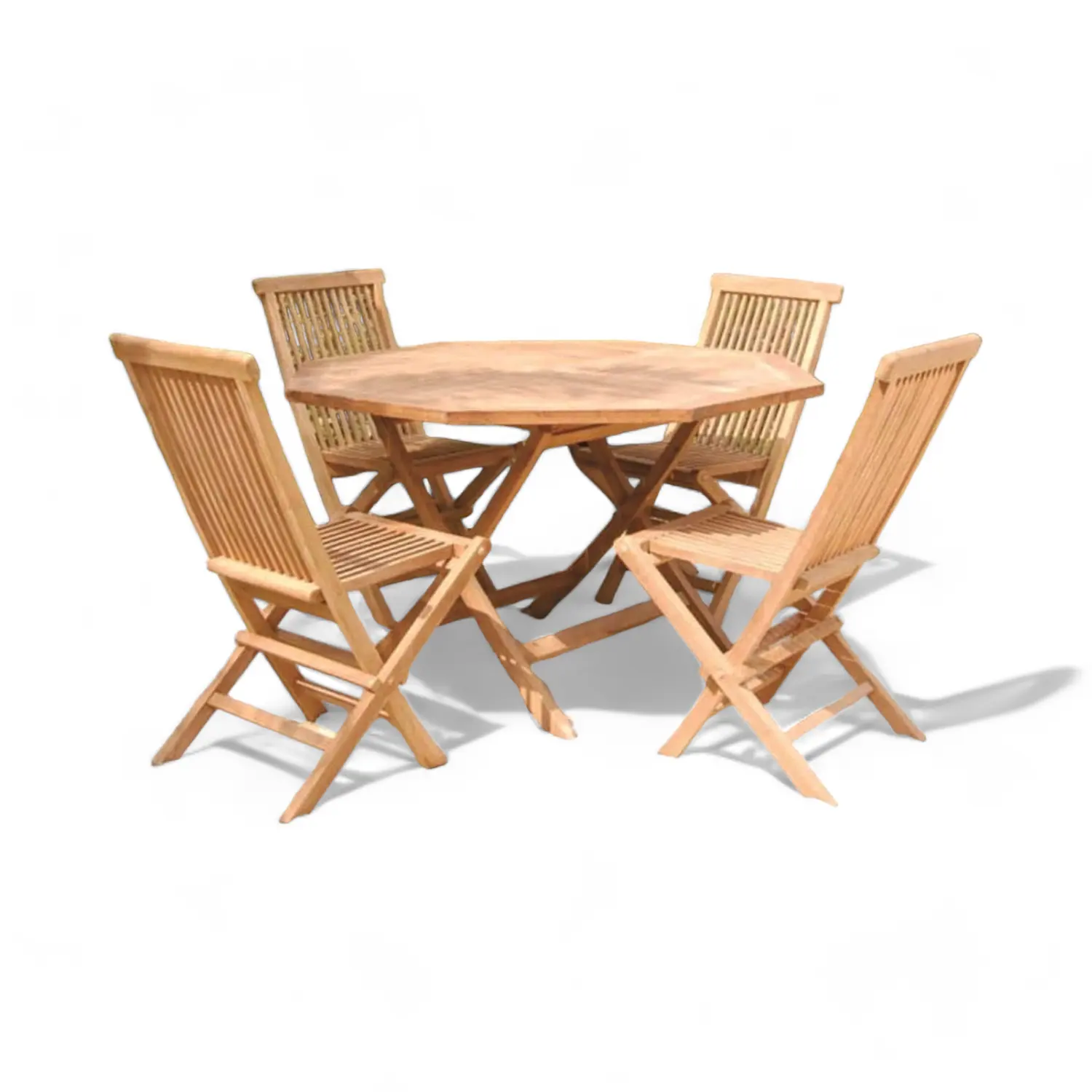 チーク材のガーデンテーブルと折りたたみ式デザインの椅子セット無垢材の丸いダイニングテーブルセットガーデン家具用の椅子4脚