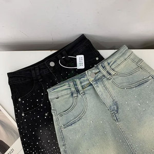 Jupe en jean midi droite vintage à taille naturelle, ornée de strass, respirante, séchage rapide, tendance mode été pour femme - Product Image 5