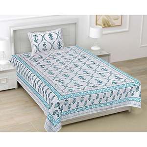 Turquoise Blue 100% Cotton Classic <b>Floral</b> Single Bedsheet Set with 1 Pillow Cover (BSB1103) - Product Image 1