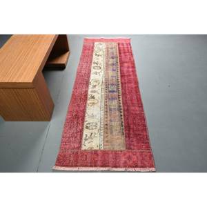 Alfombra de lana Vintage rojo y Beige, 2,5x7,1 pies, Kilim turco, área grande, patrón abstracto, pasillo, rectángulo, respaldo de látex, 10mm para habitaciones - Product Image 1