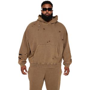 Sudadera con Capucha Extra Grande para Hombre, Color Marrón Jaspeado, de Forro Polar, Transpirable, de Secado Rápido, de Algodón/Poliéster, con Detalles Desgastados, Venta Caliente de Invierno - Product Image 5