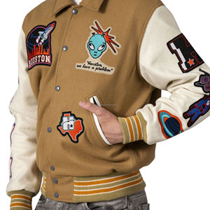 Blouson universitaire graphique pour homme, corps en laine, manches en cuir, col rond, patchwork chenille, broderie, style Letterman, vintage - Product Image 5