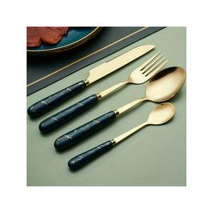Luxury Wedding Eco-Friendly Heavy Duty Food Safe Gold Navy Blue Silverware Set Marble Pattern Wood Handles Gold Plated Utensils - Product Image 1