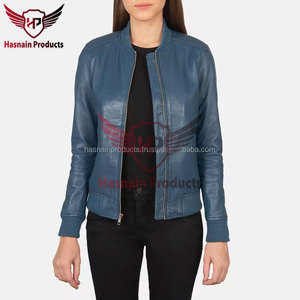 Blouson Bomber en Cuir Véritable Bleu pour Femme, Col en Tricot Côtelé, Fermeture Éclair Avant, Coupe Ajustée, Manteau Personnalisé Chaud d'Hiver, Vêtement d'Extérieur pour Dames - Product Image 4