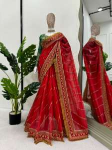 Saree ออกแบบที่สวยงามด้วยด้ายและลำดับการทำงานและเสื้อ - Product Image 6