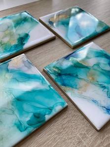 Jewel <b>Crystal</b> Epoxy Resin <b>Coasters</b> with Abstract Sea Round Letters and Painted Model Waterproof Customizable for Wedding Gifts - Product Image 2