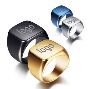 Wholesale Custom Engrave Logo Signet Male Blank Metal Silver Ring Black Gold Plated Titanium 316l Stainless Steel Men's Rings//