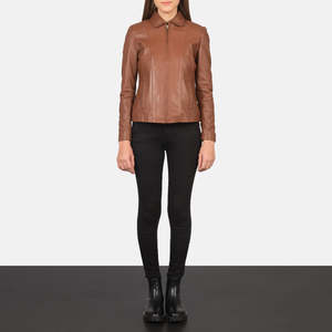 Chaqueta de Cuero Reversible Colette Brown, Abrigo de Invierno Softshell con Adornos de Perlas y Flecos, Chaqueta Bomber de Piel de Cordero Elástica para Otoño - Product Image 3
