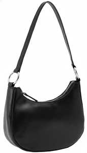 <b>Small</b> Black Genuine <b>Leather</b> Women's <b>Shoulder</b> <b>Bag</b> Single Strap Zipper Water Resistant Y2K Trendy Minimalist Crescent Moon Shape - Product Image 2