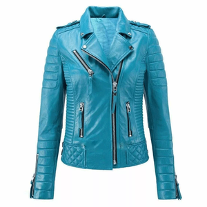 Mujeres 100% Real cuero genuino turquesa azul cierre de cremallera cuello con muescas chaqueta de motorista abrigo de motocicleta - Product Image 1