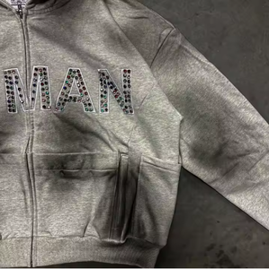 Antique Customized Spray Rhinestone Zipper up Hoodie Cropped Boxy Zip up Hoodies <b>for</b> <b>Man</b> Patch Work Hoodie - Product Image 5