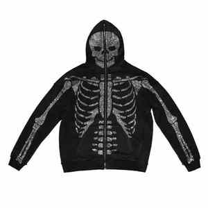 Les plus exigeants Strass Squelette Visage Complet Fermeture Éclair Hoodies Surdimensionné Blanc Personnalisé Strass Full Zip Up Hoodie Pour Hommes - Product Image 4