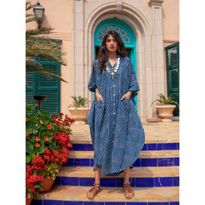 Vestido Maxi Kaftan de Algodón Dabu con Rayas Índigo para Mujer - Product Image 6