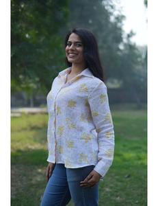 Modern Effortless 100% Cotton Eco-Friendly V-neck Shirt Tops Casual <b>Belt</b> Button Front Floral Natural Waistline Indian Supplier - Product Image 5