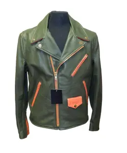 MEN'S GENUINE LEATHER MOTORCYCLE JACKETS UNISEX COWHIDE REAL LEATHER COLOR BLACK ORANGE MADE IN PAKISTAN
