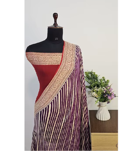 ผ้าซารีแบบดั้งเดิมแท้จากผ้าจอร์เจตต์บานาราสี  งานทอมือกึ่งสำเร็จรูป  ลายปักดิ้นทองหรูหรา  สำหรับงานปาร์ตี้  แห้งเร็ว ป้องกันแสงแดด - Product Image 1