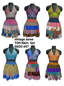 New Trendy Vintage <b>Short</b> Saree <b>Top</b> Skirt <b>Set</b> for Women Ethnic Indian Designer Outfit Wedding Party Wear 100% Silk Breathable - Product Image 3