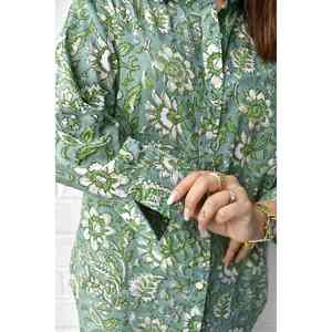Camisa de Popelina de Algodón con Estampado Floral Verde y Blanco para Mujer, Informal, Manga 3/4, para Uso Diario en Primavera/Verano - Product Image 4