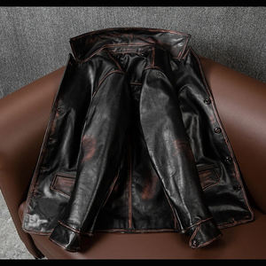 Couche supérieure veste en cuir véritable hommes High Street Style classique longue veste de moteur à la main en peau de vache personnalisé pas cher vestes en cuir - Product Image 4