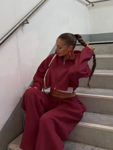 Ensemble 2 pièces pour femme, sweat-shirt à capuche zippé et pantalon long, streetwear, logo sur le devant, uni, hiver, 100% coton, anti-boulochage - Product Image 2