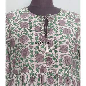 Vestido Formal hasta la Rodilla, 100% Algodón, Hecho a Mano, con Mangas Abullonadas, Estampado Floral Indio, con Borlas, Cómodo, Ecológico, Lavable para Mujer - Product Image 3