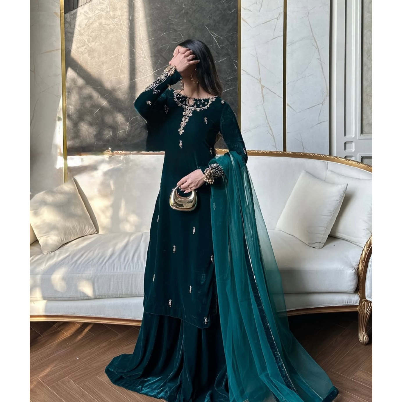 bettie page green dress Bottle Green Embroidered Gown Pakistani Wedding Dress XLARGE main image 0