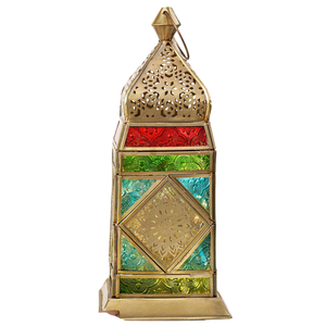 Pure Brass <b>Vintage</b> Embossed <b>Lantern</b> With Multi Color Glass & Polish Finished For Tabletop Decor Arabic <b>Lantern</b> For Decoration - Product Image 1