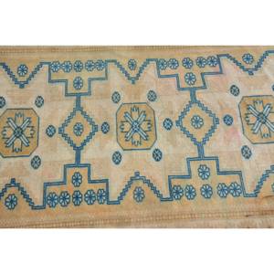 Alfombra turca vintage de 3,4x5,5 pies, diseño de retazos azul beige, lana hecha a mano con respaldo de látex, estilo Tabriz para sala de estar de adolescentes - Product Image 5