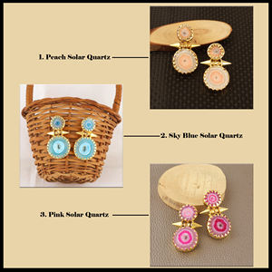 Pendientes de cuarzo solar natural color melocotón, joyería moderna, chapados en oro de 18k, latón macizo, engaste de púas. - Product Image 6