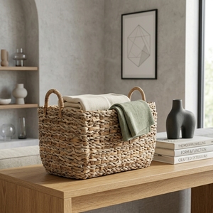 Natural Water Hyacinth Seagrass <b>Storage</b> <b>Basket</b> <b>Rectangular</b> Bin Chunky Braid Arch Handle Table Planter Pure Art Setup Room Decor - Product Image 4