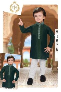 Vêtements ethniques indiens culturels pour garçons Ensemble de pyjama kurta en coton brodé et en soie Tenue de fête traditionnelle pour enfants pakistanais - Product Image 2
