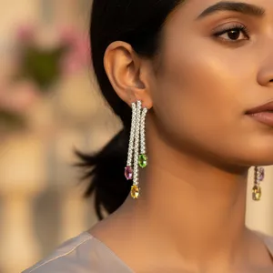 Pendientes de Lujo para Mujer con Perlas de Agua Dulce Plateadas, Cristales de Esmeralda y Borlas de Diamantes de Imitación, Joyería de Moda para Bodas - Product Image 1