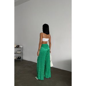 Pantalones de satén jacquard verde para mujer - Product Image 1