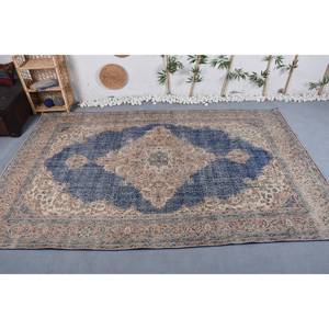 Alfombra de lana azul y beige vintage, diseño de retales de 6,8x10,5 pies para dormitorio, respaldo de látex de alta calidad para adolescentes - Product Image 1