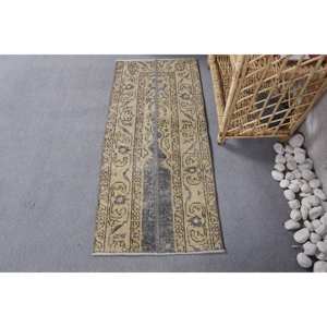 พรมขนสัตว์ตุรกีโบราณเป็นมิตรกับสิ่งแวดล้อมกองขนาดกลางแบบดั้งเดิมสีเบจและสีดำดีไซน์เย็บปะติดปะต่อกัน1.4x3.1ฟุตพร้อมลาเท็กซ์ - Product Image 1