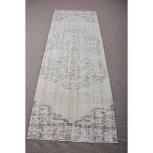 Turkish Vintage Runner Rug 3x7,<b>9</b> ft, Gray White Plants & trees Rug - Product Image 1