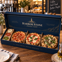 Boîte à pizza personnalisée AT PACK avec logo pour café, restaurant, emballage alimentaire à emporter, boîte cadeau à pizza 3 compartiments, branding haut de gamme