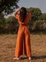 Combinaison vintage ODM orange en lin/coton à jambes larges, manches bouffantes, col en V, respirante, taille mi-haute, pour femme, décontractée, été