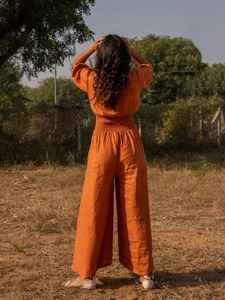 Mono vintage ODM naranja de lino/algodón de pierna ancha con manga abullonada, cuello en V, transpirable, dulce, de cintura media, para mujer, atuendo casual de verano - Product Image 3