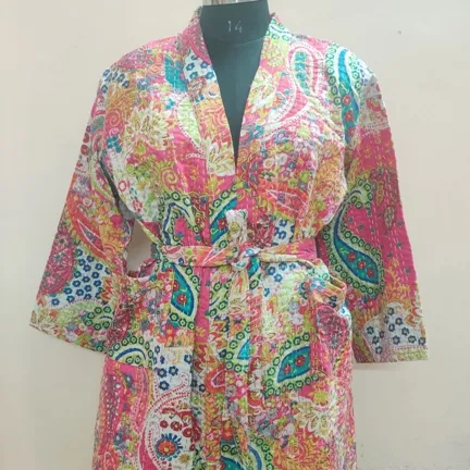 Indian Kantha Stitch Robe Cotton Kimono Night Wear Dress Quilted Kimono Wrap Dress Bikini Cover Up Indian Robe Vintage Kimono