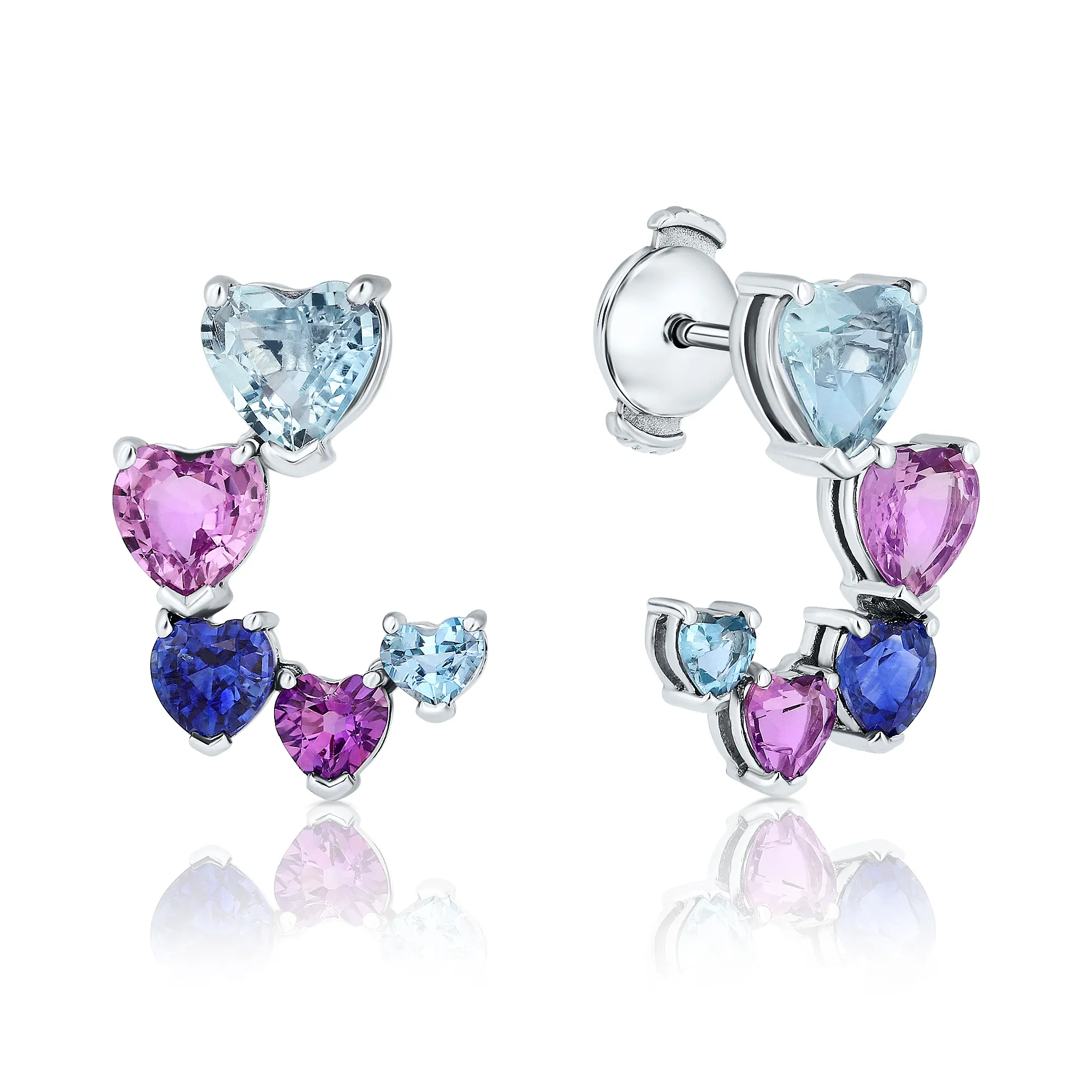 Heart Shape Aquamarine Pink Sapphire Blue Sapphire And Amethyst Stud Earrings Solid 14K White Gold Fine Jewelry