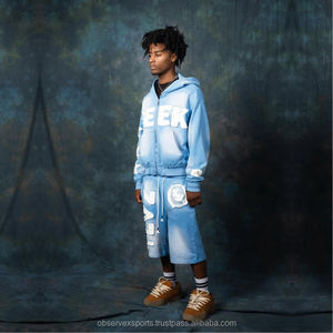 Conjunto de sudadera con capucha y pantalones de chándal con cremallera y parche bordado desgastado personalizado unisex, chándal pesado de invierno lavado ácido - Product Image 4