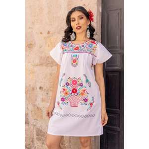Women <b>White</b> Floral Embroidered <b>Dress</b> MexicanEthnic Boho Tunic Short <b>Sleeve</b> Summer Casual Cotton <b>Dress</b> - Product Image 1